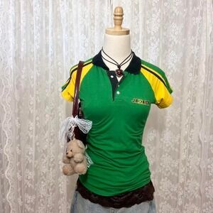 Vintage Y2K Jamaica Polo Shirt Womens Large Green/Yellow Sporty Preppy‎ Retro